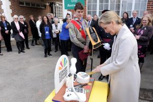 The Duchess is cutting a cake which displays the logo of Sight for Surrey alongside a large button telephone, iPad and mug with a liquid level indicator, all made of cake.