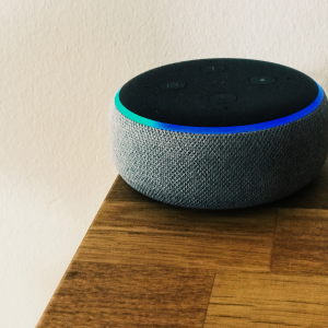 Amazon Echo on a wood table 
