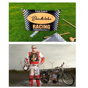 Two images: First a picture of a Blind Bloke Racing banner . Underneath an image of Nigel standing proud next to his motorbike.