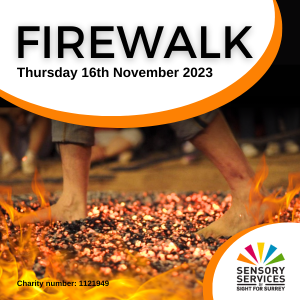 Image shows a pair of legs walking over burning coals with the words Firewalk, Thursday 16th November 2023.