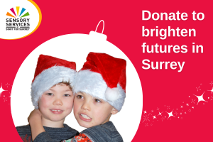 Image shows two young boys, one has his harm around the others neck, their heads are bent close together, they are both wearing Santa hats and their image is surrounded by a bauble shape with the words 'Donate to brighten futures in Surrey on the right of the image.