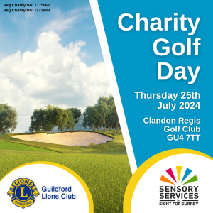 Golf Day poster with Guildford Lions logo and photo of a sunny green of a golf course.