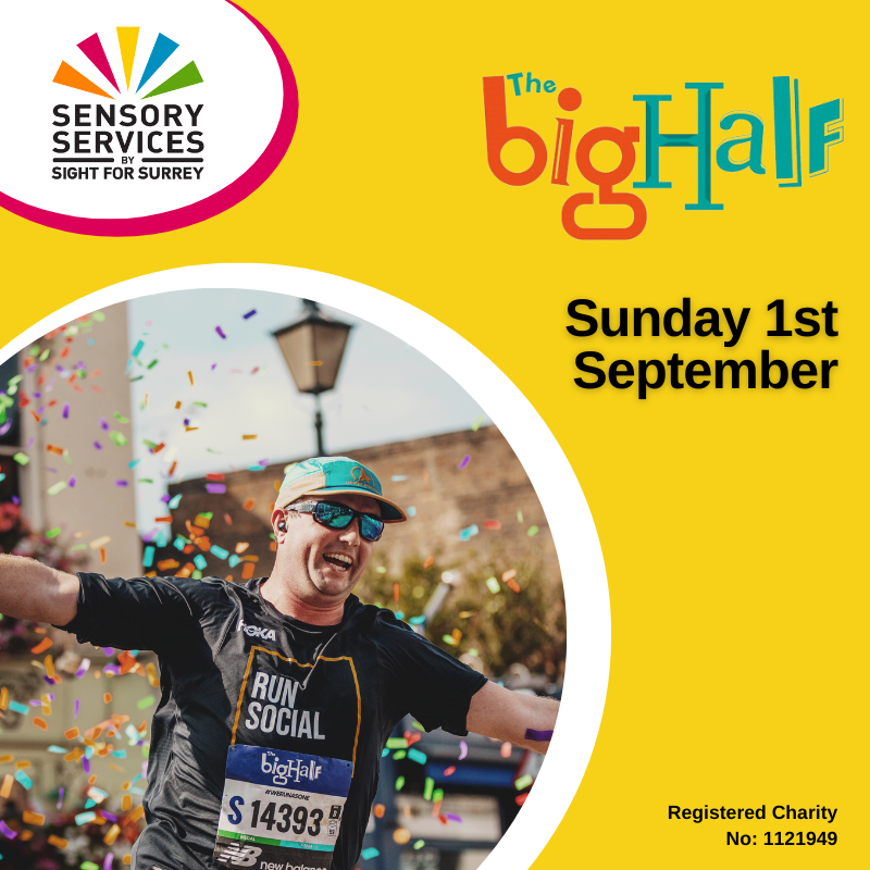 Promotional image for 'The Big Half' event. A yellow background features a large circular image to the left, showing a male runner smiling and cheering with confetti in the air behind him. Text middle right, "Sunday 1st September." Our charity's logo is top left. A logo for The Big Half is top right. Text at the bottom right of the image "Registered Charity No: 1121949".