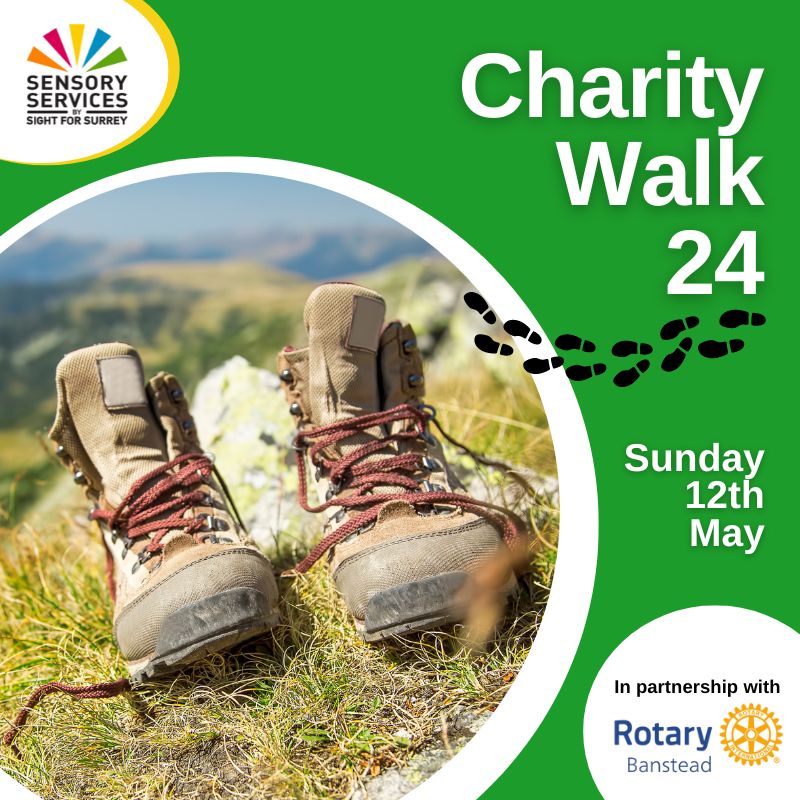 Image shows a pair of walking boots with hills behind. The words Charity Walk24 Sunday 12th May are printed in bold.