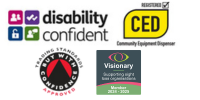 Image shows four sets of different logos. 1st is the logo of Visionary Member 2024 -2025. 2nd is Disability Confident logo. 3rd is Community Equipment Dispenser logo and 4th is Trading Standards Approved.