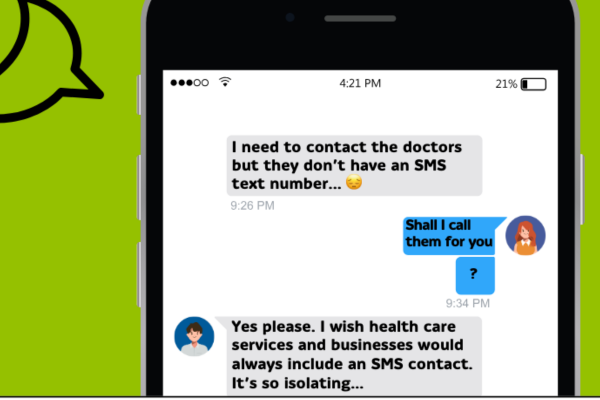 Image shows a mobile phone showing a series of message between two people. One is saying how frustrating it is that he can't contact the Drs as they have no SMS facility, the other person asks if they can help and contact them for him.