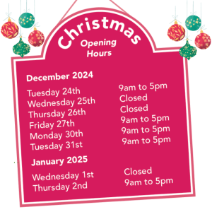 Image shows a sign of our Christmas opening hours.