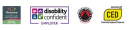 Disability Confident Employer logo, Buy with Confidence logo, Visionary member logo and Community Equipment Dispenser logo