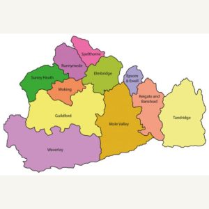 A map of Surrey showing the 11 boroughs