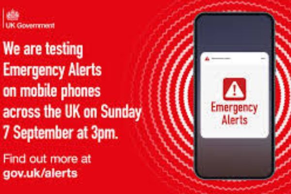 Poster featuring the words 'We are testing Emergency Alerts on mobile phone across the UK on Sunday 7th September at 3pm. For more info visit gov.uk/alerts