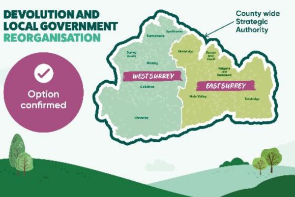 A map of Surrey showing the new split of East and West Surrey under the new devolution plans.