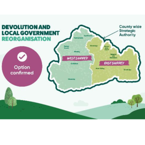 A map of Surrey showing the split of East and West Surrey