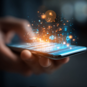 A smartphone with apps and technology floating out of it.