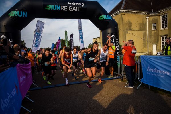 The start line of Run Reigate with the runners just setting off.