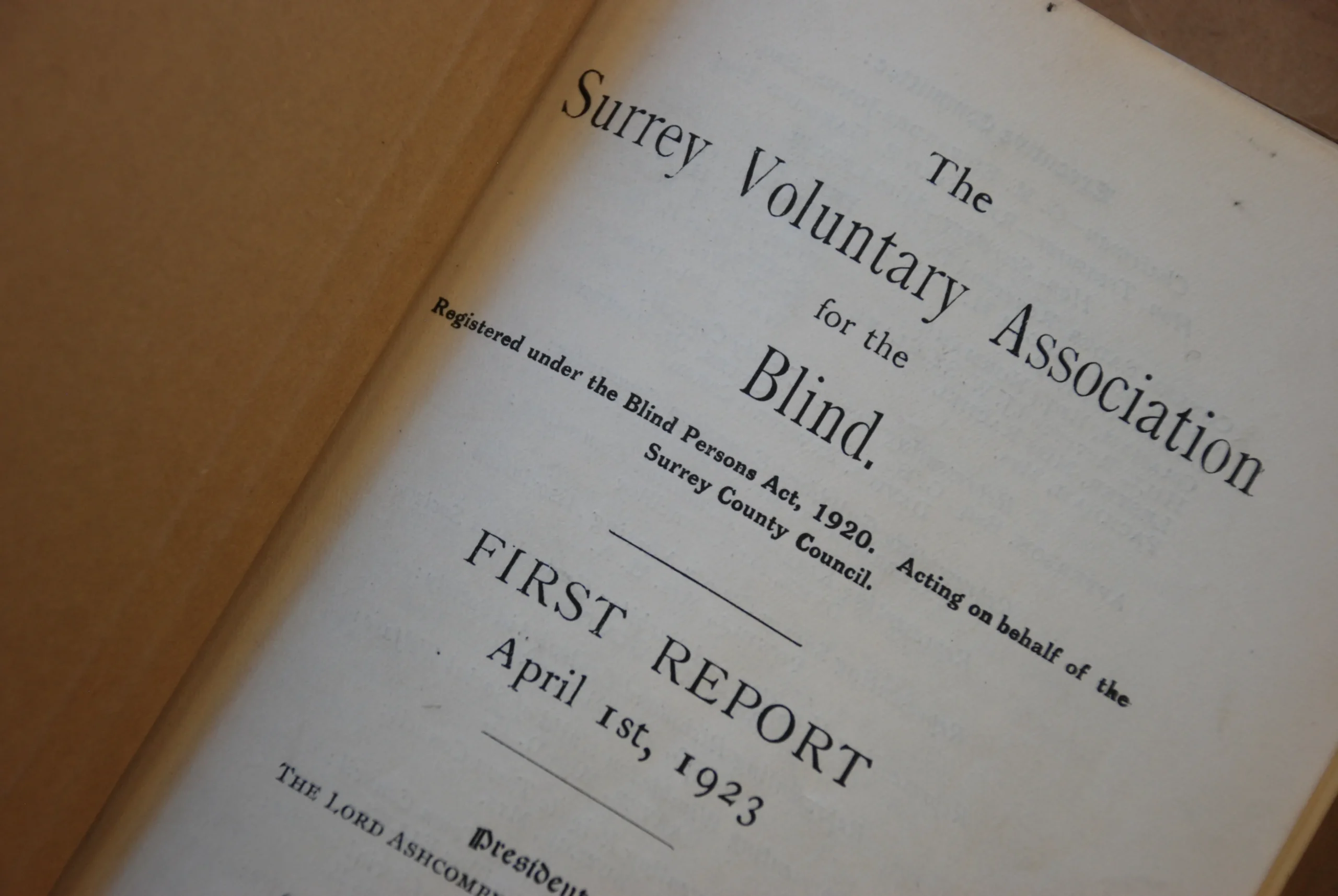 The inside front cover of the charity's first annual report from 1923.
