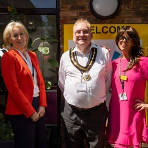 Christine Wilmshurst, Chair of Trustees from Sensory Services by Sight for Surrey, Tim Hall, Chair of Surrey County Council and Clare Burgess, CEO, Sensory Services by Sight for Surrey.