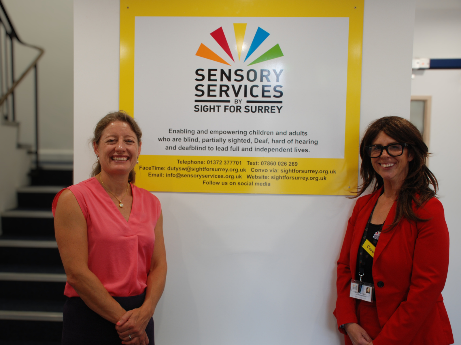 Helen Maguire MP and Clare Burgess, CEO, Sensory Services by Sight for Surrey at the charity's centre in Ashtead.